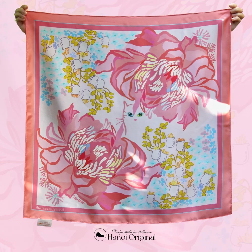 This image has an empty alt attribute; its file name is Peony-Cat-Hanoi-Original-Small-Scarf-65cm-2-jpg.webp