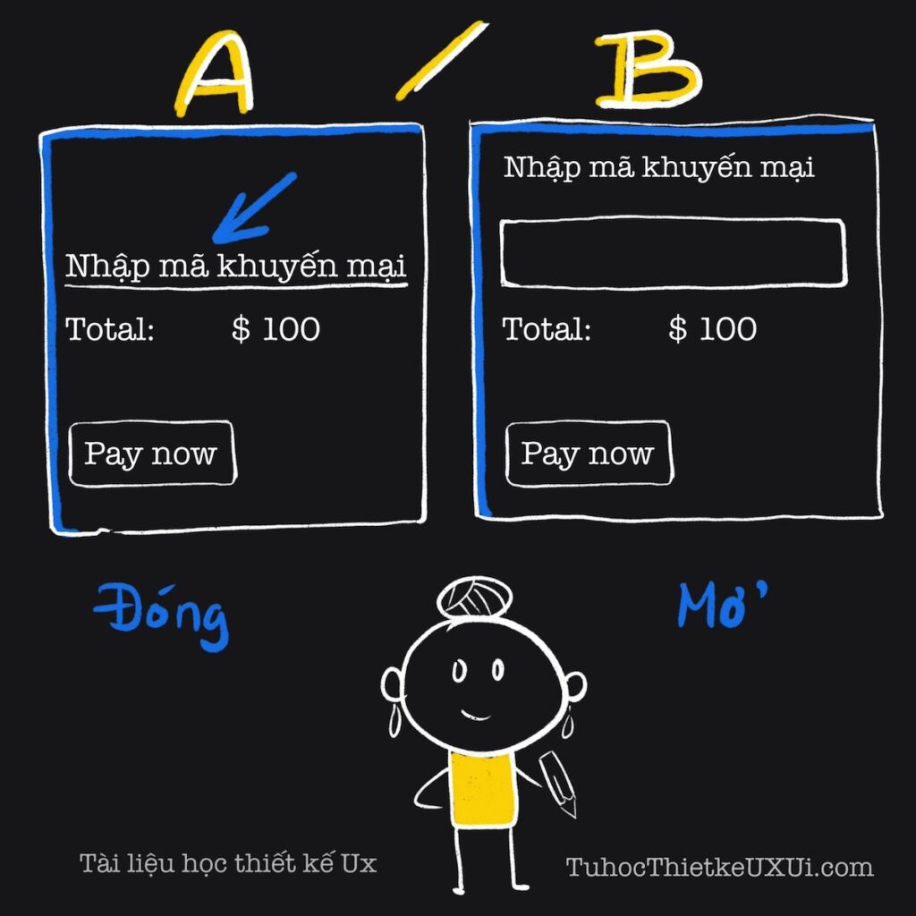 Ví dụ về A/B testing. Bản nào sẽ có Thời gian check out ngắn hơn/ Conversion rate cao hơn? A: Nhập mã khuyến mại chỉ mở khi khách hàng click vào. B Nhập mã khuyến mại mở sẵn. 