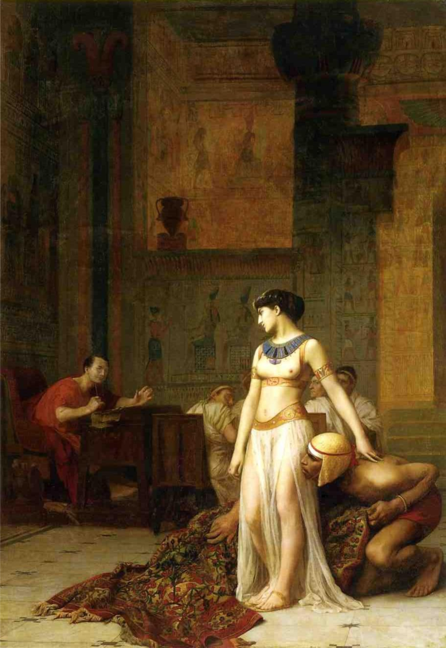 Cleopatra mới đôi mươi quấn mình trong thảm, để lén đột nhập vào phòng ngủ của Cesar lúc này đã 52 tuổi để xin sự giúp đỡ. Tranh vẽ cảnh thảm rơi xuống tiên nữ xuất hiện Tranh sơn dầu của Jean-Leon Gerome